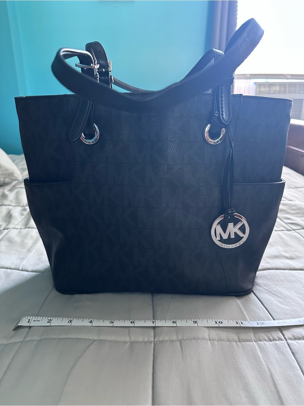 Michael Kors Black Logo Tote with MK Charm and Silver Hardware